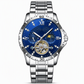 Men's Automatic Mechanical Watch Luminous Water Resistant Business Skeleton Flywheel Wristwatch with Stainless Steel Strap