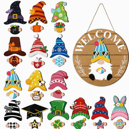 🎄 Interchangeable Gnome Welcome Sign – Wooden Seasonal Hanging Decor for Christmas, Halloween & Home Entryway