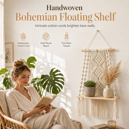Bohemian Hand Woven Macrame Wall Hanging Floating Shelf for Books and Plants Living Room Decor